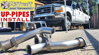 2001 F350 73  RiffRaff UpPipes Install  Stock up pipes leaking and falling apart JUNK SP [upl. by Aerdnwahs]