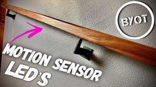 How To Install Stair Handrail On Stairs  DIY WALNUT RAIL WITH MOTION SENSOR LIGHT [upl. by Redyr]