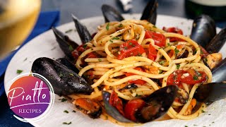 Seafood Pasta Recipe  SPAGHETTI with MUSSELS White Wine and Tomatoes [upl. by Nyrmac]